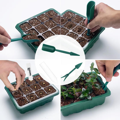 Qoolife Seed Starter Tray with Plant Light, 4 Pack Grow Lights for Seed Starting Kit with Humidity Domes, Timing Controller Adjustable Brightness for Greenhouse Propagator Station Planting Growing