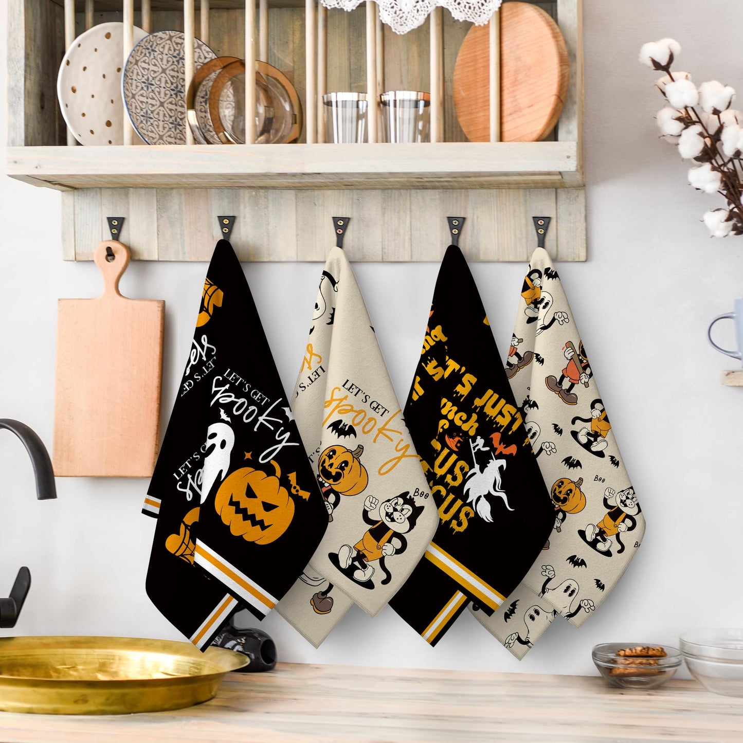 Pintukee Halloween Kitchen Dish Towels Set of 4, Absorbent Spooky Ghost Boo Pumpkin Hand Towels Funny Halloween Kitchen Drying Dishcloth for Home Party Decor Housewarming Gift 16x24 Inch