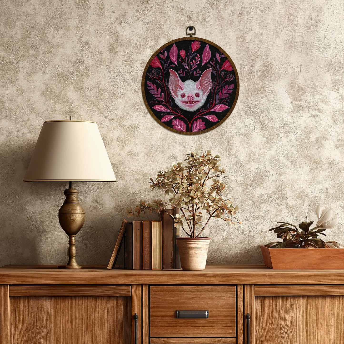 KLYTINK Pink Bat Round Wall Art Decor,10x10 Inch Gothic Whimsical Canvas Print with Round Frame, Cute Bat Artwork Wall Hanging Decor for Bedroom, Living Room, or Halloween Home(Pink Bat)