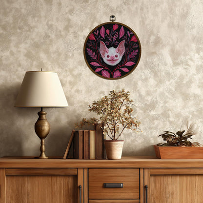 KLYTINK Pink Bat Round Wall Art Decor,10x10 Inch Gothic Whimsical Canvas Print with Round Frame, Cute Bat Artwork Wall Hanging Decor for Bedroom, Living Room, or Halloween Home(Pink Bat)