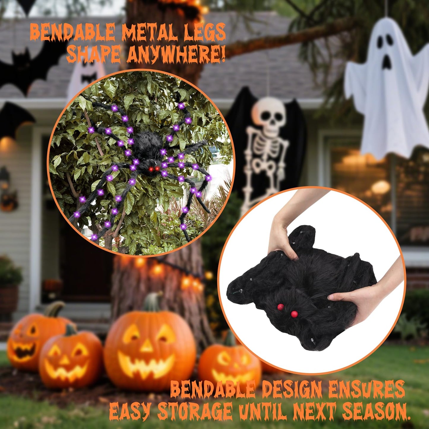 BUFANYU Halloween Decorations Giant Spider - Large Light Up Spider 78IN 44 Purple Lights & 2 Red Eyes, Bendable Metal Legs, 8 Light Modes - Halloween Decor for Outdoor Yard Party Haunted House
