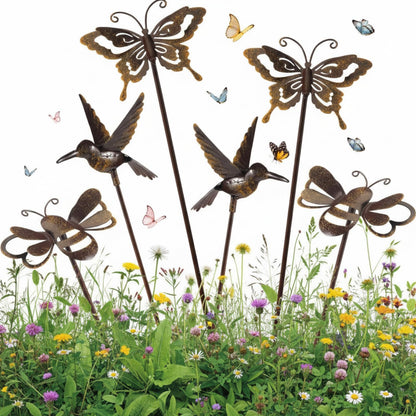 AceOrbit 6 Pcs Rusty Yard Stakes Spring Decor 11.8" Metal Butterfly Hummingbird Bee Stakes Rust Proof Plant Sticks Flowers Bed Decor for Farmhouse Outdoor Yard Lawn Patio Walkway Pathway (Insect)