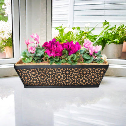 EIMQUVW 4 Pack 24" Railing Planter Window Box Deck Balcony Rail Planter Black Metal Flower Basket Horse Trough Planter with Coco Fiber Liner for Porch Fence Patio Outdoor