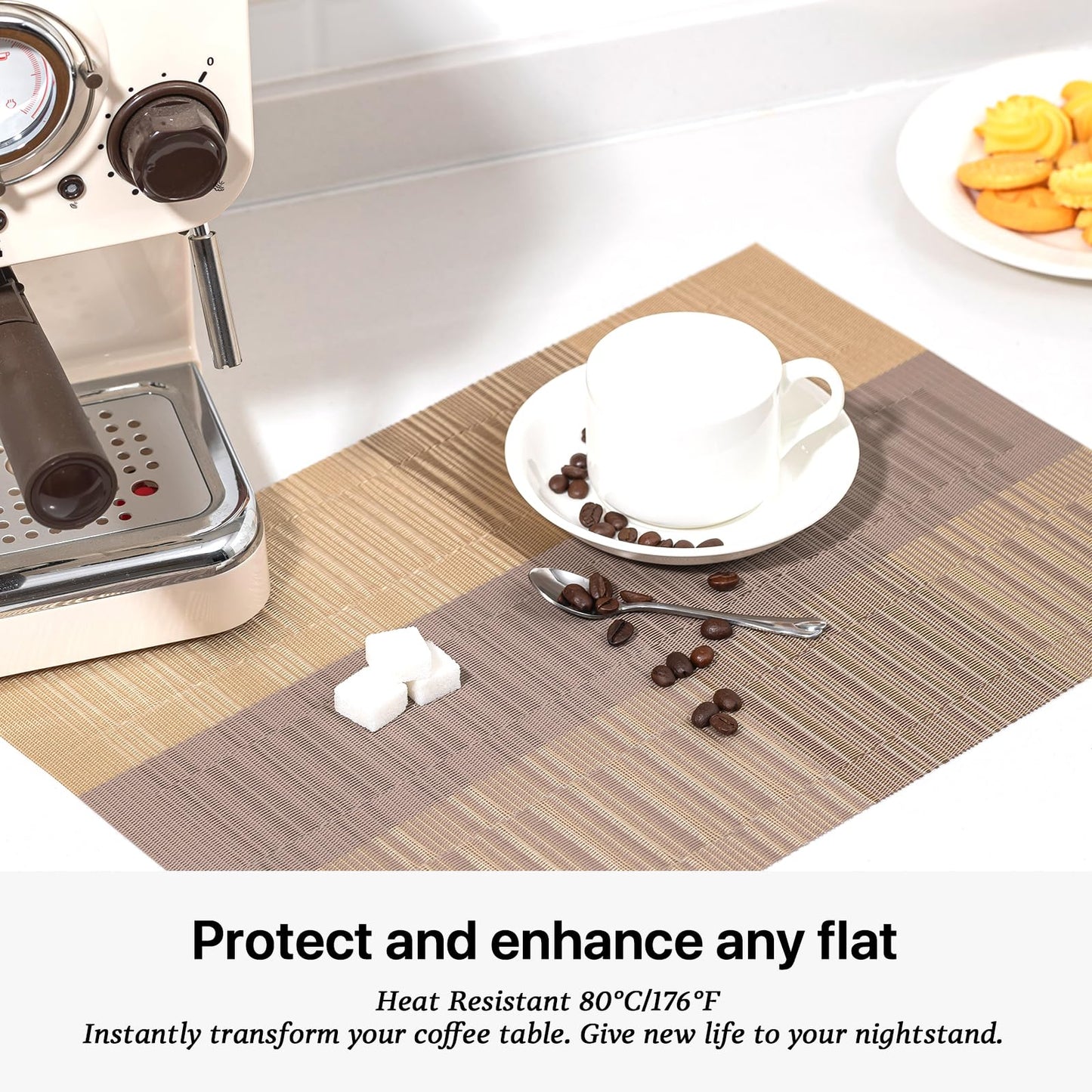 LEXMORE Placemats Set of 8 Vinyl/Plastic Woven Place Mats for Kitchen Table Indoor/Outdoor Washable Placemat Wipeable Dining Table Mats(Gold Dune)