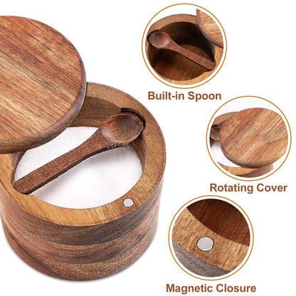 RAETTER.LY Acacia Wood Salt and Pepper Bowl, Nature Wood Salt Cellar and Spices Storage Box With Built-in Spoon and Magnetic Swivel Lid (Single Compartment 6.5 oz)