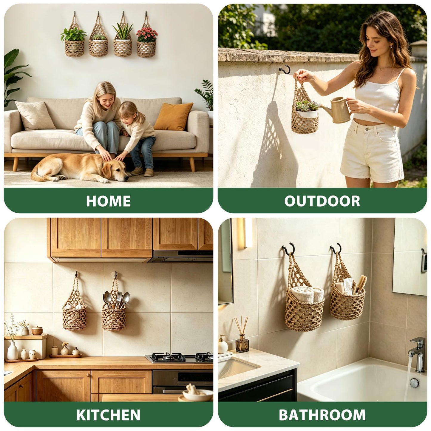 DOODLEBEAN 4 PCS 5-Inch Macrame Wall Plant Hangers, Small Wall Hanging Plant Holder with Hooks, Natural Cotton Rope Hanger for Indoor Plants & Daily Storage, Boho Home Decor