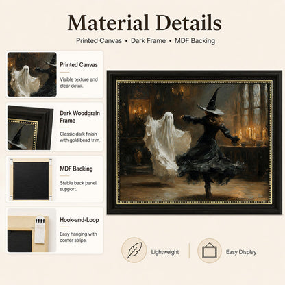 Vbaourut Framed Halloween Wall Art, Dancing Witch and Ghost Canvas Painting, Vintage Gothic Poster with Dark Brown Frame and Upgraded Hook and Loop for Bedroom, 9x11 in