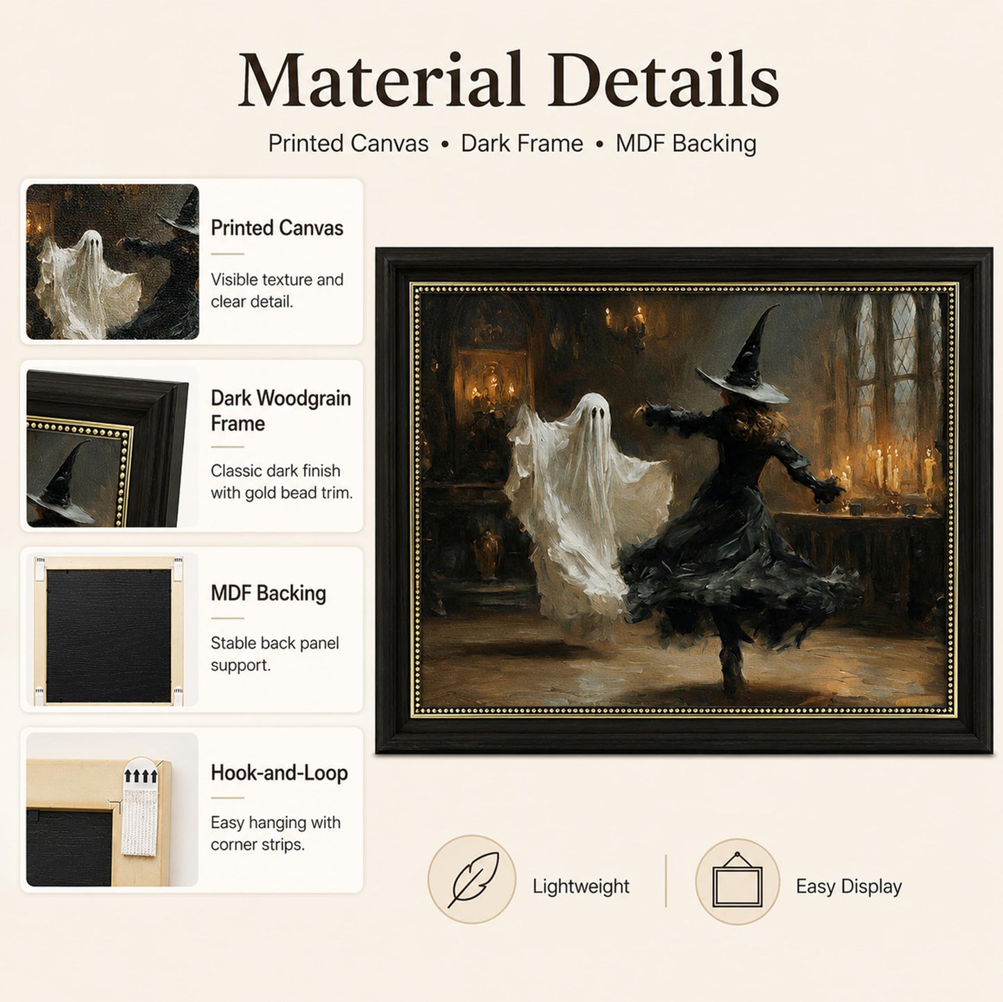 Vbaourut Framed Halloween Wall Art, Dancing Witch and Ghost Canvas Painting, Vintage Gothic Poster with Dark Brown Frame and Upgraded Hook and Loop for Living Room, 12x16 in