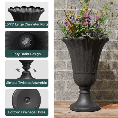 Trygoal 23.6" Tall Plastic Urn Planters for Outdoor Plants, Set of 2 Heavy-Duty Classic Indoor Large Flower Pots with Drainage Holes & Petal Design, Outdoor Planters for Porch, Home Garden, Black