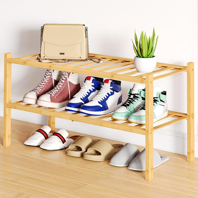Smiry Bamboo Shoe Rack, 2 Tier Free Standing Wooden Shoe Organizer, Stackable Wood Shoe Storage Shelf for Closet, Entryway, 12 Vertical Slats, One-piece Standard Legs, 26.8"x11"x13", Natural