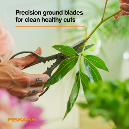 Fiskars Plant Shaping Shears & Holder, Precision Indoor Gardening Snips with Storage Caddy, Forged Stainless Steel Blades for Clean Cuts on Broad Leaves, Ambidextrous Handles & Stem Stripper, 6"