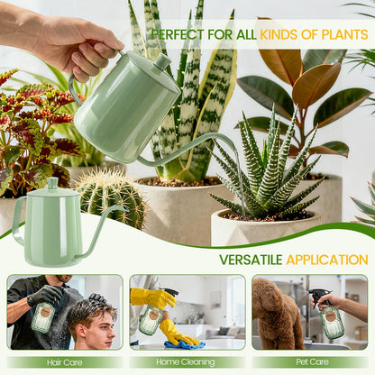 Sincengel Watering Can for Indoor Plants, 20 oz Metal Small Plant Watering Can with Long Spout for House Plants, 13.5 oz Glass Plant Mister Spray Bottle for Bonsai Garden Flowers Decorative (Green)