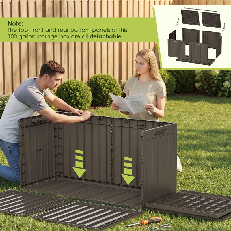 Devoko 100 Gallon Outdoor Storage Box, Waterproof Resin Deck Box for Patio Furniture, Lockable Container for Garden Cushions & Pool Supplies (Brown, 100 Gallon)