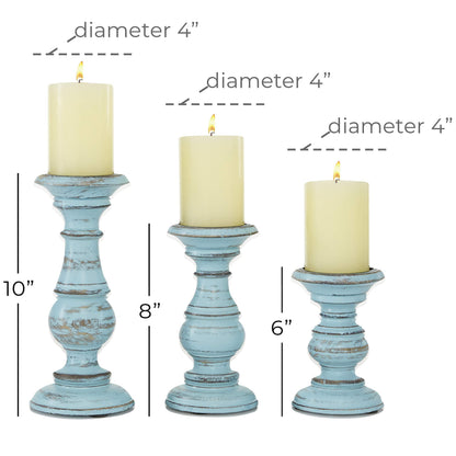 Deco 79 Mango Wood Decorative Candle Holder Distressed Turned Pillar Candle Stand, Set of 3 Candlestick Holder 6", 8", 10"H, Light Blue