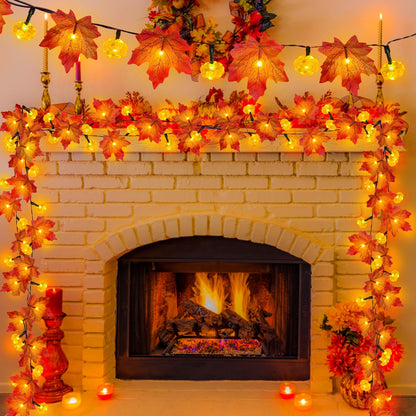 3 Pack & Timer Fall Decor Fall Garland with Pumpkin Lights Fall Decorations for Home, 30Ft 60LED Patented Enlarged Maples Leaves Battery Operated Pumpkin Garland Indoor Outdoor Halloween Decorations