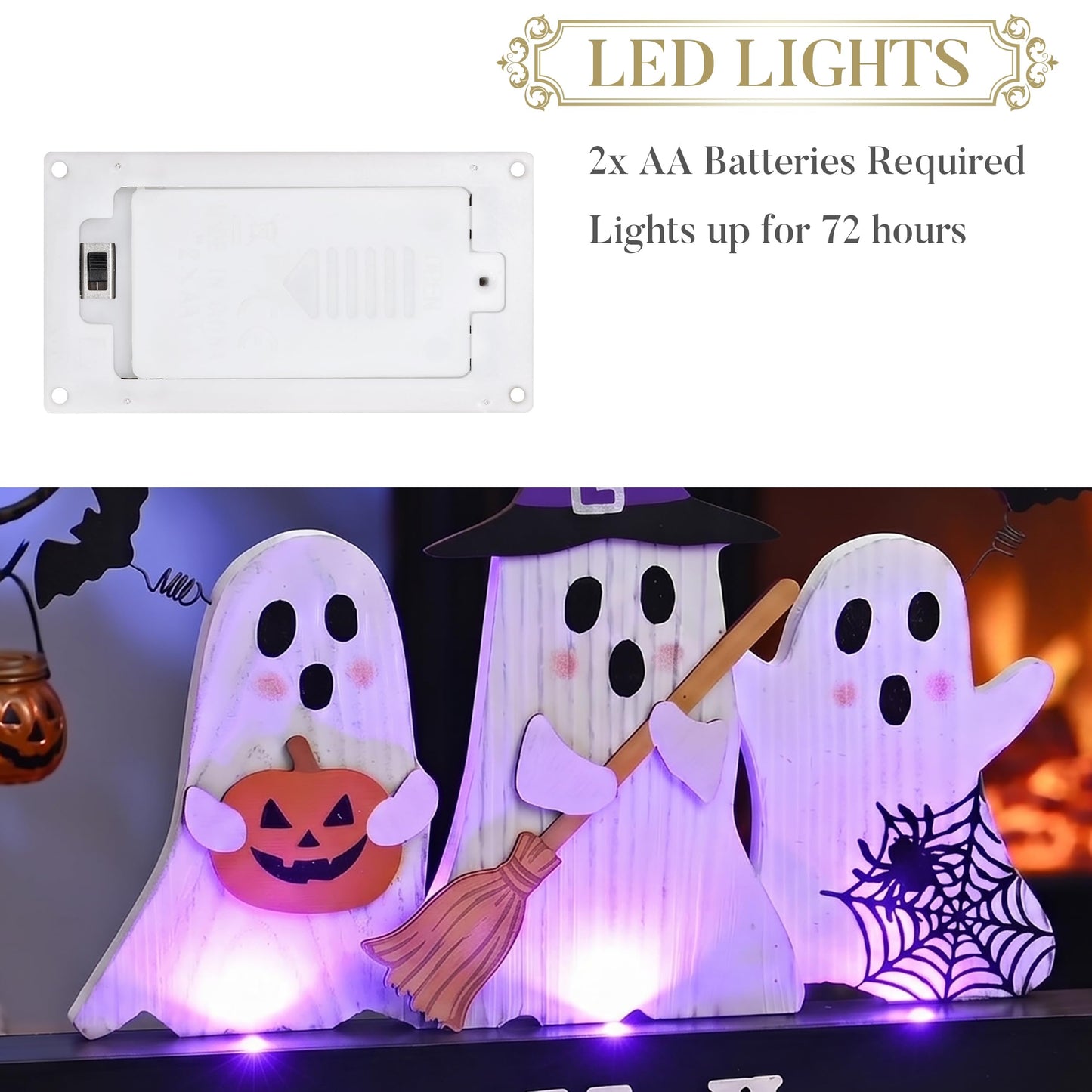 Valery Madelyn Halloween Decorations with Purple LED Lights, Lighted Halloween Ghost Decor, Tabletop Sign with Witch Hat Broom Bats Jack O Lantern for Home Party Indoor, 8 Inch