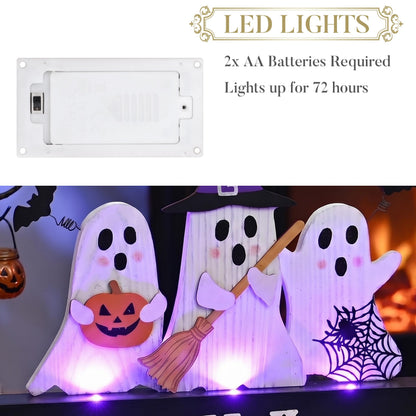 Valery Madelyn Halloween Decorations with Purple LED Lights, Lighted Halloween Ghost Decor, Tabletop Sign with Witch Hat Broom Bats Jack O Lantern for Home Party Indoor, 8 Inch
