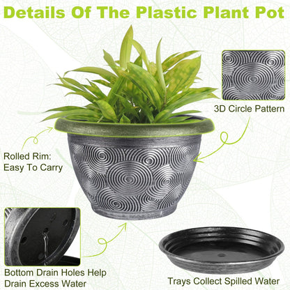 10-Inch -Plastic-Pots -For-Plant With Saucer, 4 Pack Outdoor Planters With Drainage Holes, Decorative Flower Pots For Indoor Plants, Modern 3D Swirl Silver Plant Pots With With Removable Tray