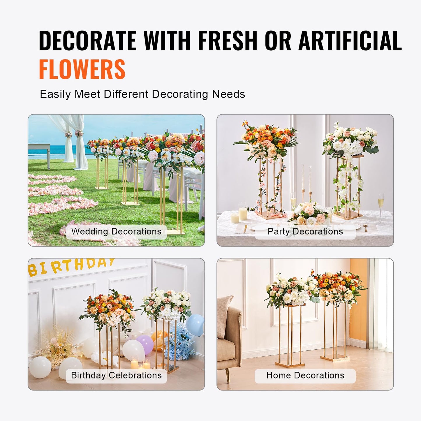Happybuy 4PCS Gold Metal Column Wedding Flower Stand, 31.5in Geometric Vase Centerpiece Stands, Cylindrical Floral Display Rack for Events, Reception, Party Decoration