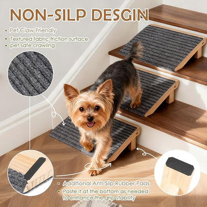Foldable Dog Ramp for Stairs, Wooden Dog Stairs for Small Dogs | 4.2"H, 2 Pack, Up to 170 lbs, Assist Elderly/Injured Small Dogs, Anti-Slip Carpet Surface, Natural Solid Wood, No Assembly