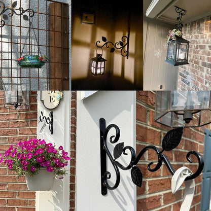 TIHOOD 2PCS Wall Hook Hanging Plant Brackets, Metal Plant Bracket Iron Wall Mount Leaf Black Hangers for Hanging Bird Feeders, Lanterns, Wind Chimes, Planters, Outdoor Decoration Hooks