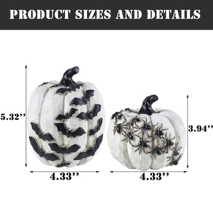 FESTGLOX Resin Halloween Pumpkins with Bats and Spiders, 2Pcs White and Black Pumpkin Decor, Small Decorative Pumpkin for Halloween Decorations, Home Tabletop Indoor Party Decor