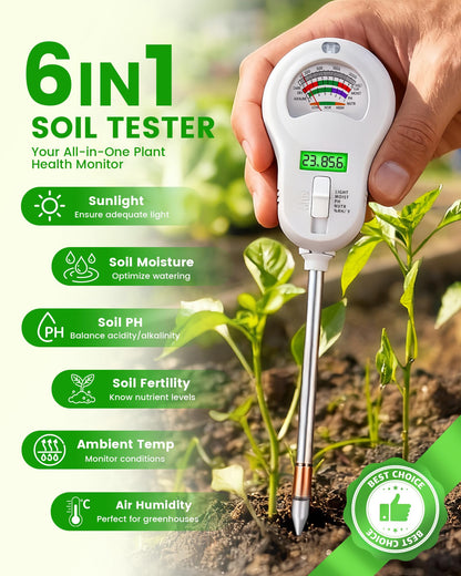 Vlantro 6-in-1 Soil Moisture Meter with 3 Probes, PH/Sunlight/Soil Moisture/Fertility with 3 Removable Probe, Digital Air Temp/Humidity, Soil Tester for Garden, Lawn, Indoor and Outdoor Plants