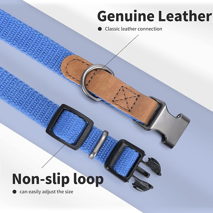 Mile High Life Genuine Leather Dog Collar, Soft Cotton Pet Collars with Heavy Metal Buckle for Small Large Dogs (Blue, S Neck 11"-15")