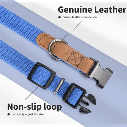 Mile High Life Genuine Leather Dog Collar, Soft Cotton Pet Collars with Heavy Metal Buckle for Small Large Dogs (Blue, S Neck 11"-15")