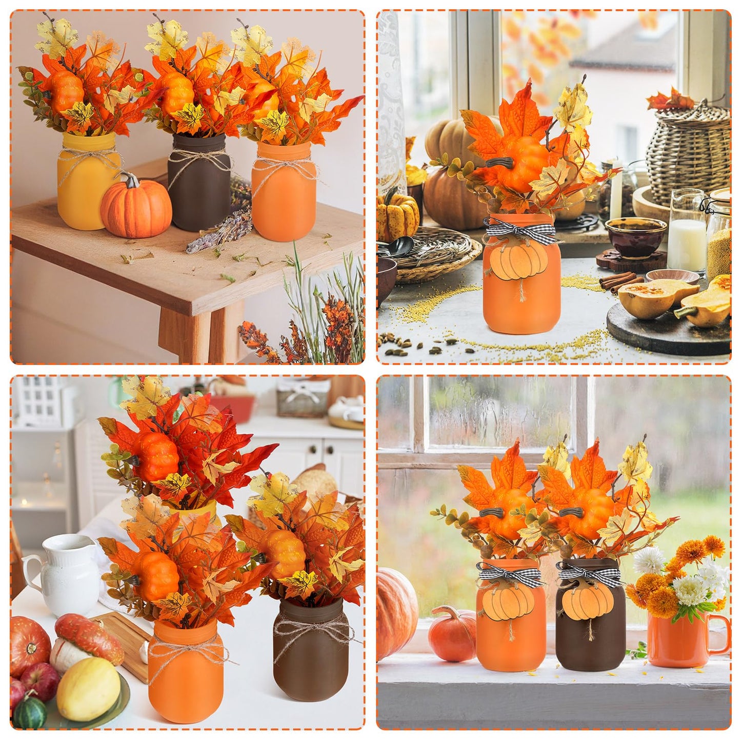 Jexine 18 Pcs Fall Mason Jar Table Centerpiece for Dining Room Mason Jar Vases Faux Floral Maple Leaves Pumpkins with Rope Wood Sign Farmhouse Tray Decor for Fall Wedding Kitchen Living Room