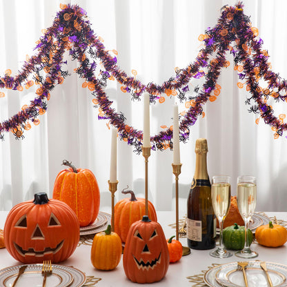 Suncalla 33ft Halloween Tinsel Garland Decor with Funny Pumpkin Black Spider Purple Bats Metallic Twist Garland Wire Hanging Decorations for Home Tree Fireplace Mantle Indoor Outdoor Party