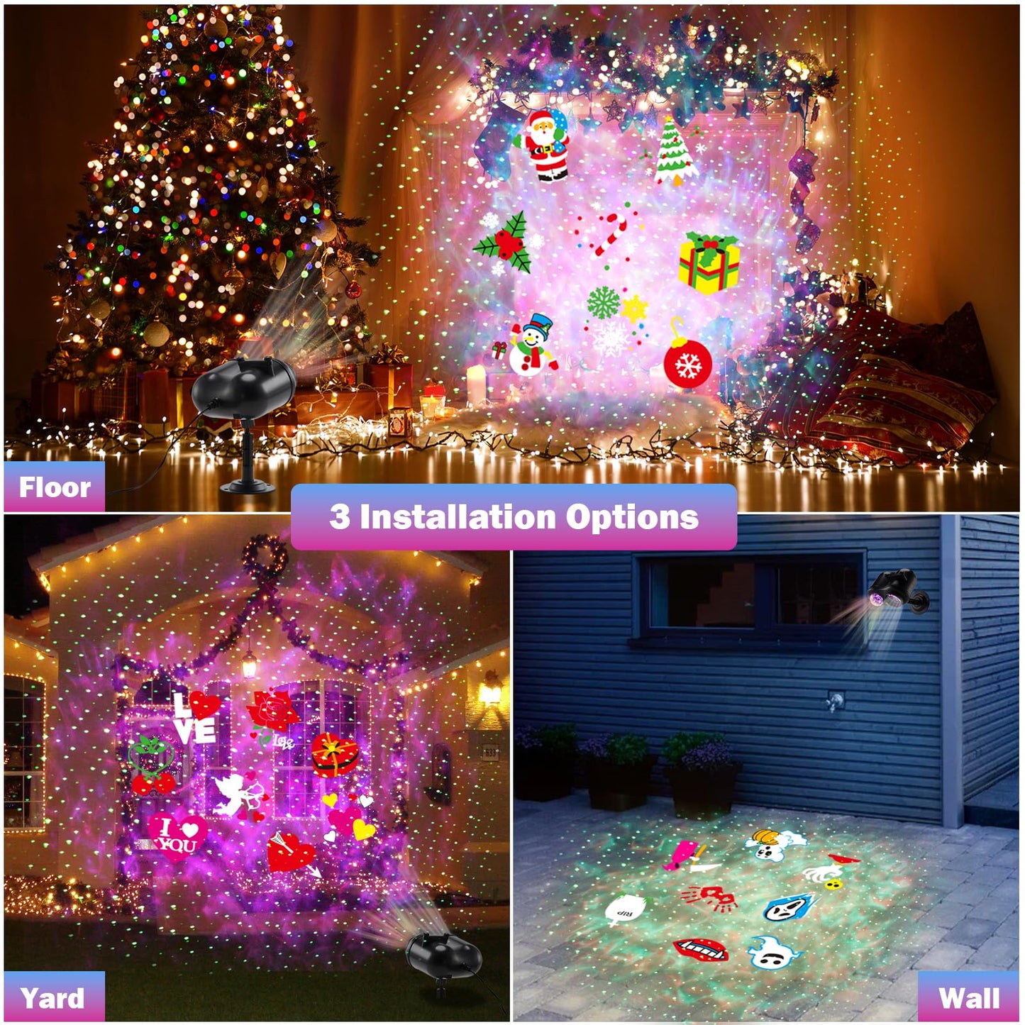 HAKUTA Halloween Christmas Laser Projector Lights 3-in-1 Wave Ocean Effect LED Projector with 10 Slides/80 HD Patterns for Christmas, New Year, Birthday, Halloween, Thanksgiving Décor
