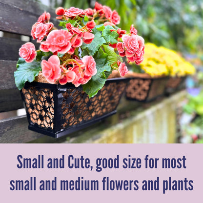 LaLaGreen Window Box Planter for Outdoor Plants (4 Pack, 12 Inch) Black Metal Small and Cute Rectangular Flower Pot Wall Planters with Coco Liner Horse Trough Railing Deck Balcony Fence Patio Decor