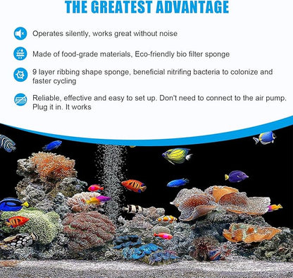 AQQA Aquarium Sponge Water Filter, Power Driven Double Biochemical Filter, Quiet Submersible Foam Filter with 2 Extra Sponges, 1 Bag of Filtered Ceramic Balls for Fresh and Salt Water Fish Tank (L)