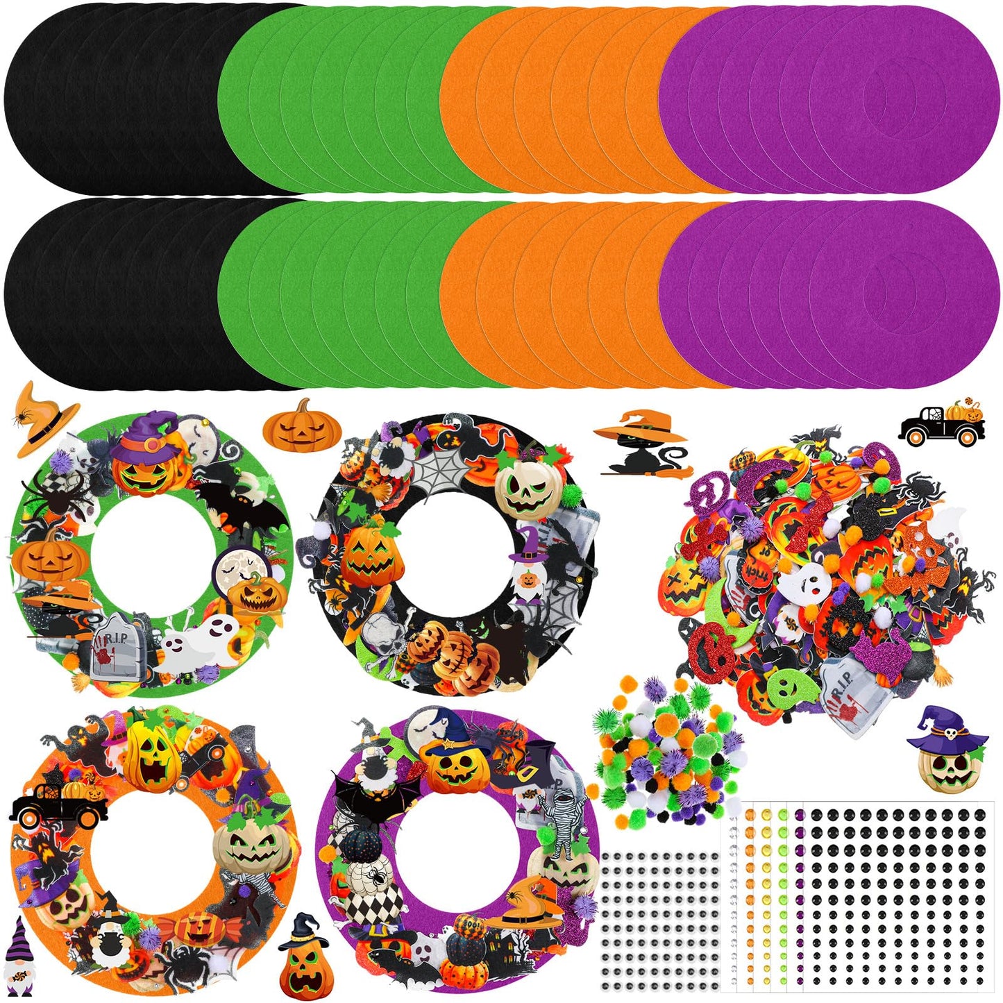 Moucuny 470 Pcs Halloween Craft Kits DIY Wreath Craft Kit Halloween Wreath Decorations with Ghost Witch Bats Pumpkin Cat Stickers Home Indoor Party Favors