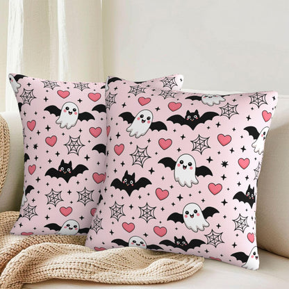 Halloween Pink Cute Ghost Bats Heart Decorative Pillow Covers 16x16 Inch Set of 2 Rustic Boho Flower Outdoor Throw Pillows Neutral Farmhouse Decoration Cushion Cases for Sofa Couch Bed Decor