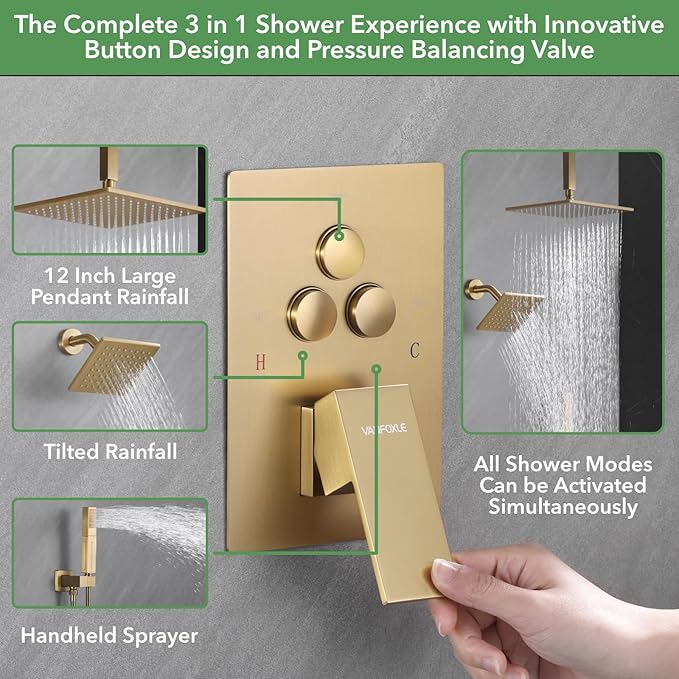VANFOXLE Brushed Gold Shower System, Push Button Pressure Balance Shower Valve, Ceiling Mount Thick 12" Shower Head, 6" Shower Head, 2-in-1 Handheld, High Pessure Self-Cleaning for Modern Bathroom