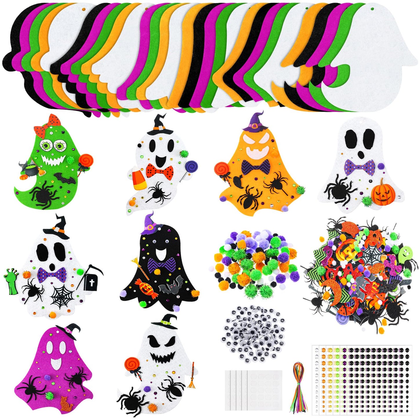 Moucuny 36 Sets Halloween Felt DIY Ghost Themed Craft Kit Ghost Hanging Ornament Halloween Party Favor Decoration for Indoors Outdoors Activities Supplies