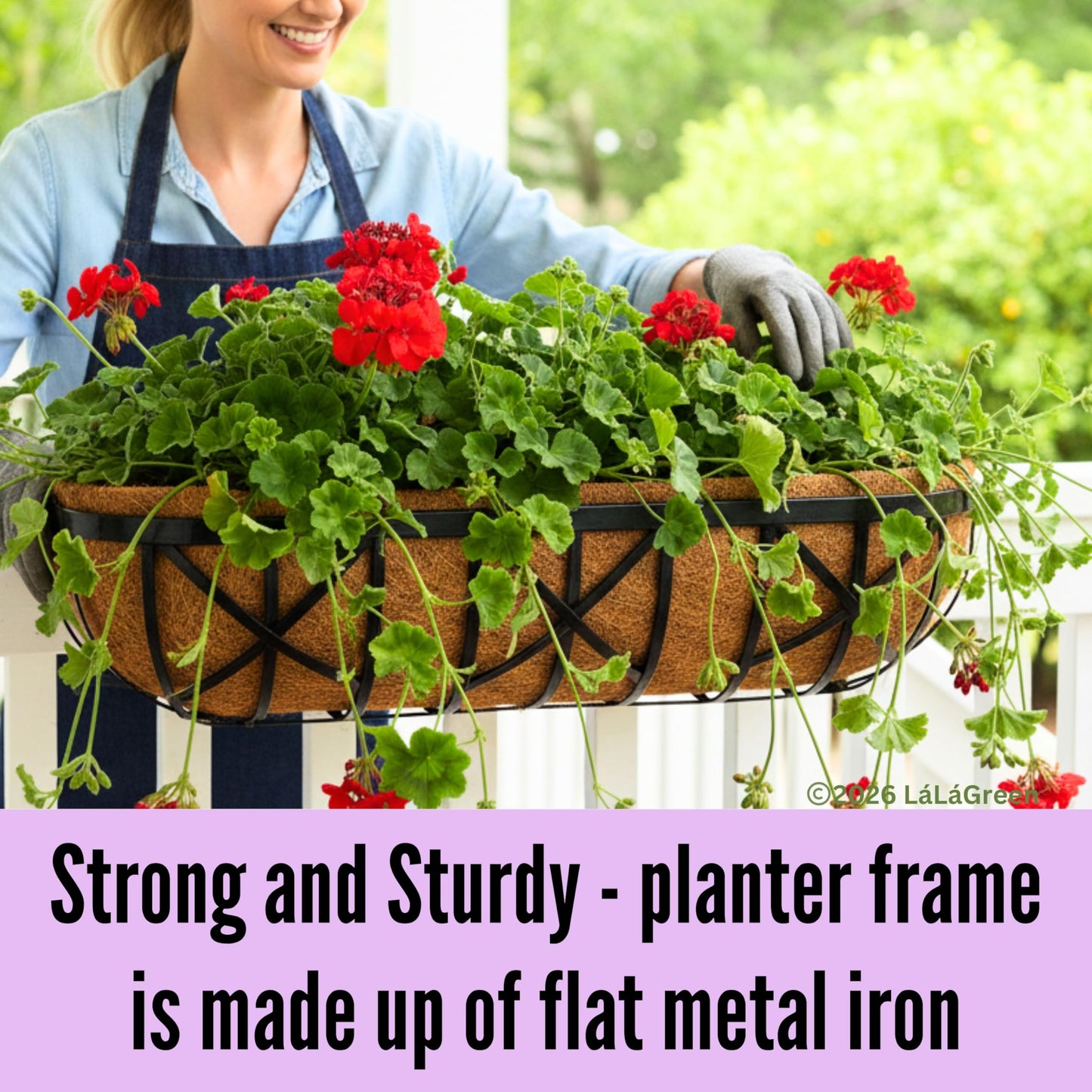 LaLaGreen 24 Inch, 2 Pack Railing Planters with Adjustable Mounting Brackets – Black Metal Window Planter Boxes for Outdoor Gardening, Wall-Mount Flower Pots, Balcony Fence Patio, Porch, Garden