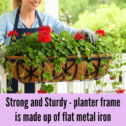 LaLaGreen 24 Inch, 2 Pack Railing Planters with Adjustable Mounting Brackets – Black Metal Window Planter Boxes for Outdoor Gardening, Wall-Mount Flower Pots, Balcony Fence Patio, Porch, Garden