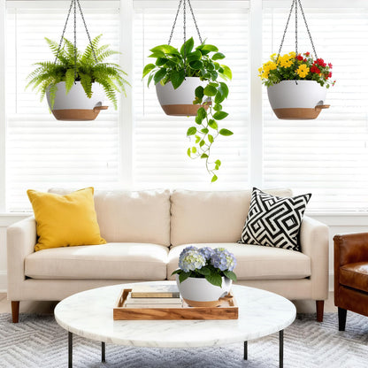 UOUZ Set of 3-10 Inch Self Watering Hanging Planters for Indoor Outdoor，Hanging Plant Pots with Drainage & Removable Tray, Hanging Pots Holder for Pothos Plant, Ferns, Balcony & Patio,White with Brown