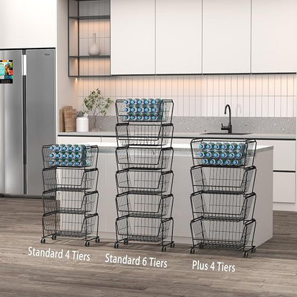 PUSDON 4-Tier Spacious Stackable Wire Storage Baskets with Wheels, Metal Rolling Utility Cart, Produce Basket for Pantry, Bathroom Organizer Shelf, Matte Black