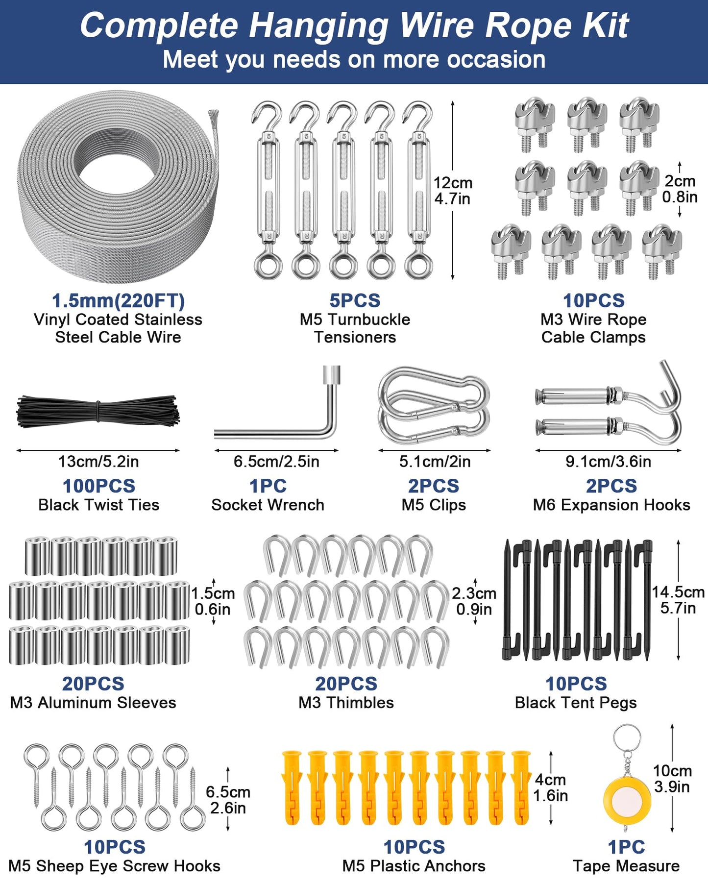 220 FT 1/16" Wire Rope Kit 304 Stainless Steel Cable with M5 Turnbuckles for Cables Wire, Vinyl Coated String Lights Hanging Wires for Outdoor Camping, Trellis, Garden, Clothes line, Curtain, Picture