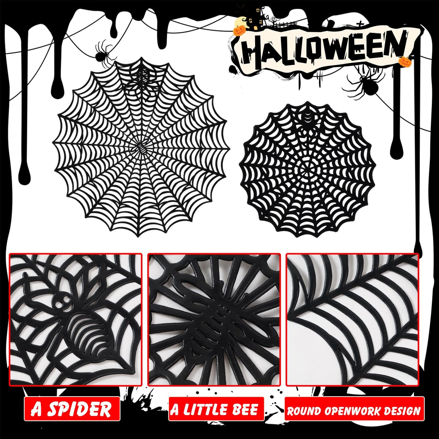 Halloween Spider Web Placemat Set of 8 Include 15" Heat Insulation Spider Web Table Mat 4" Hollow Out Spiderweb Coasters Ideal for Family Festival Party Home Dining Table Decor