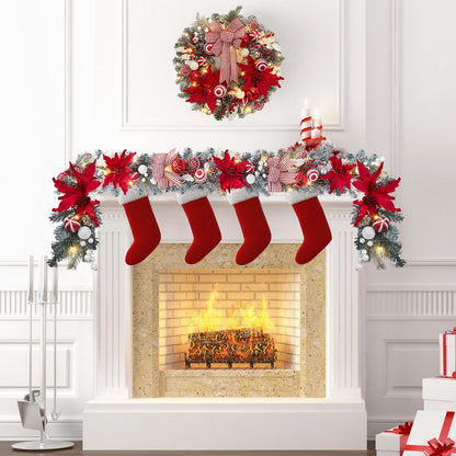 FairyLee 6ft Battery Operated Christmas Garland with 20 LED Lights & Timer, Pre-Lit Artificial Garland for Mantle, Staircase, Table, Indoor Outdoor Xmas Holiday Decor,Red Flower