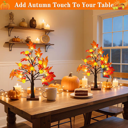 TURNMEON Fall Decor 2 Pack 18 Inch Prelit Fall Maple Tree Fall Decorations for Home with 48 LEDs Timer Battery Operated Pumpkin Lights Lighted Thanksgiving Halloween Decor Table Mantle Indoor Outdoor