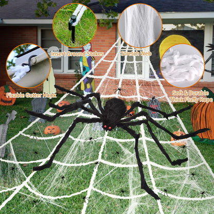 AYSOW 275" Halloween Triangle Spider Web and 59" Giant Spider Decorations Set with Stretch Cobweb - Halloween Party Supplies for Indoor Home Yard Patio Garden Haunted House Decor