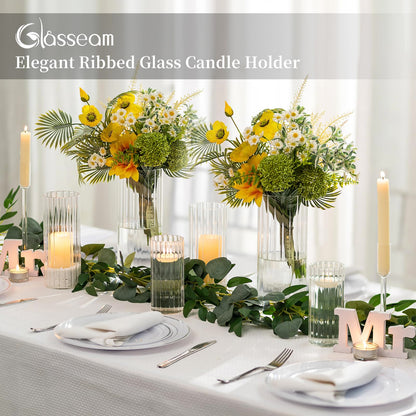Glasseam Ribbed Glass Candle Holder, Cylinder Candle Holders for Pillar Candles, Clear Hurricane Candle Holder Set of 6, Decorative Floating Candle Vases for Centerpieces Wedding Table Decorations