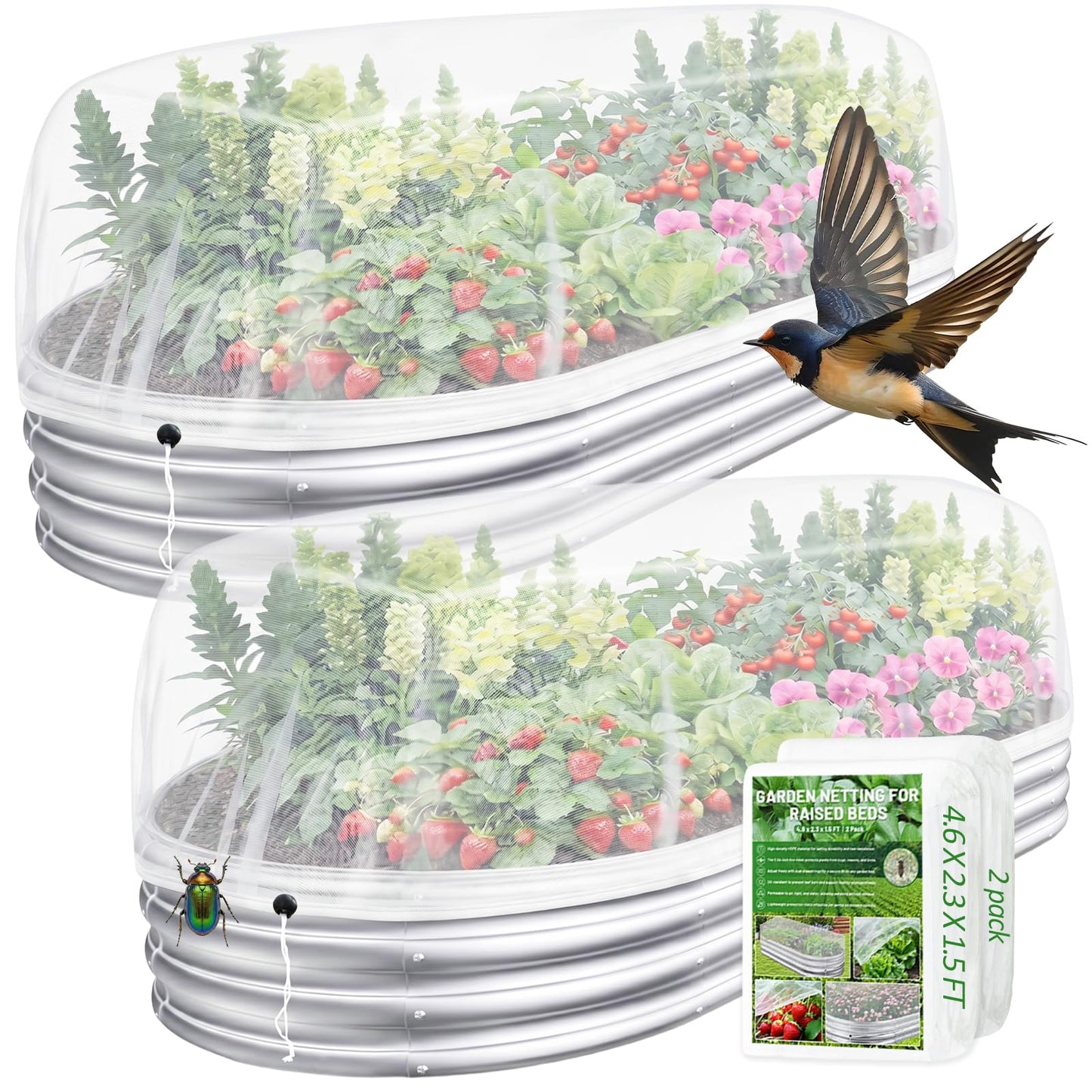 Sunwinx 2 Pack Garden Netting for Raised Beds, 4x2FT Raised Bed Cover for Garden Protection, Ultra Fine Mesh Bird Netting Pest Barrier Screen with Drawstring for Protecting Vegetables Fruits Flowers