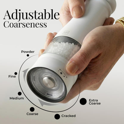 Electric Salt and Pepper Grinder Set - Styled Settings White Electric Salt and Pepper Shakers, Automatic Stainless Steel Set with LED Light, Battery Operated, Adjustable Coarseness, Wood Base
